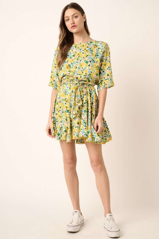 New Summer Floral Tie Waist Half Sleeve Mini Dress –Feminine and Chic Floral Dress with Flattering Tie Waist Detail