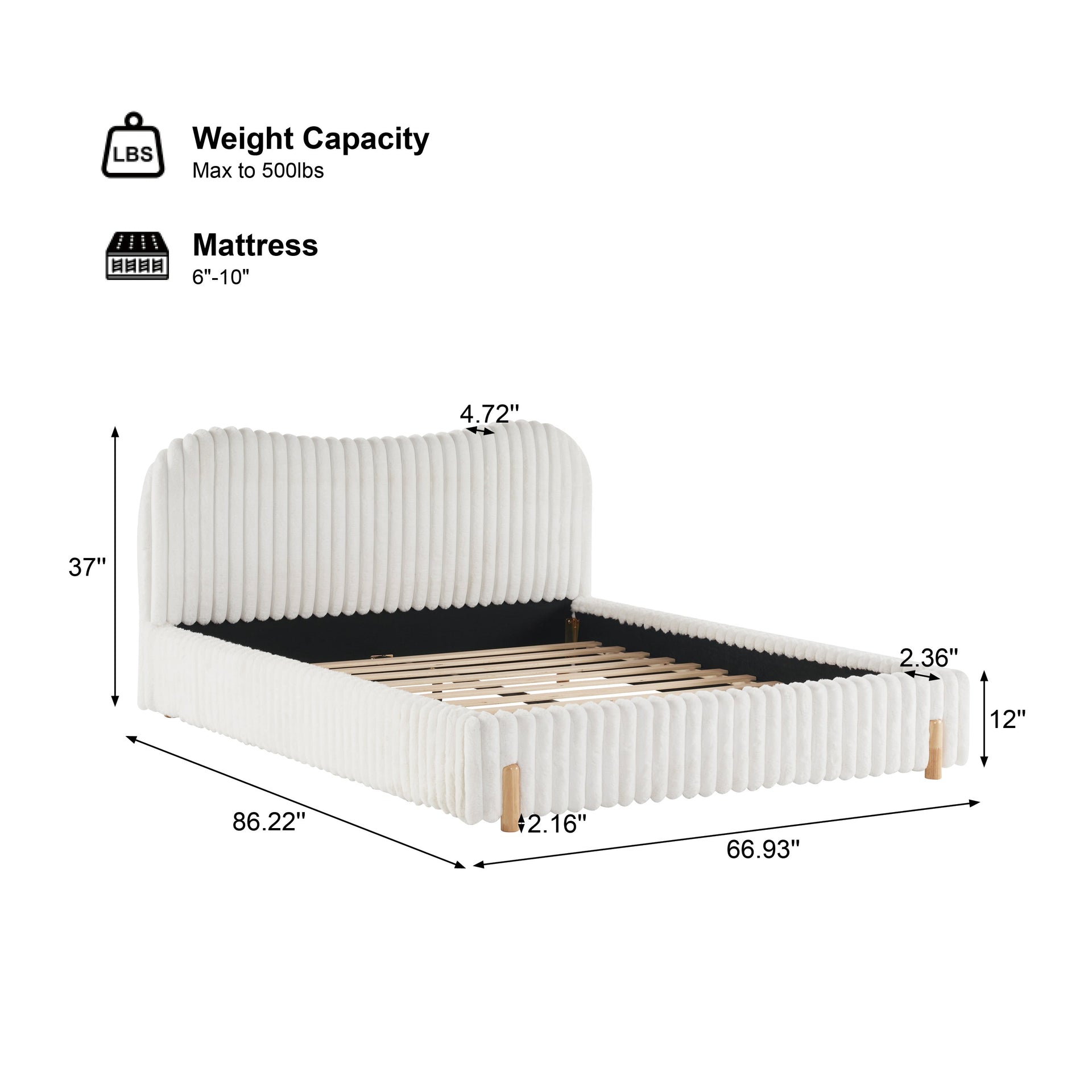 Sleek White Boucle Upholstered Bed with Wavy Headboard & Vertical Stitching, Queen