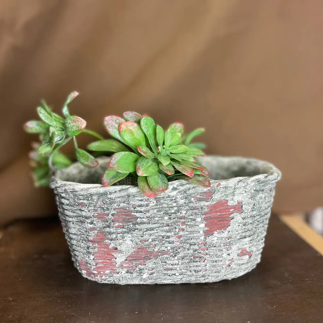 Large Concrete Oval Container with Basket Motif