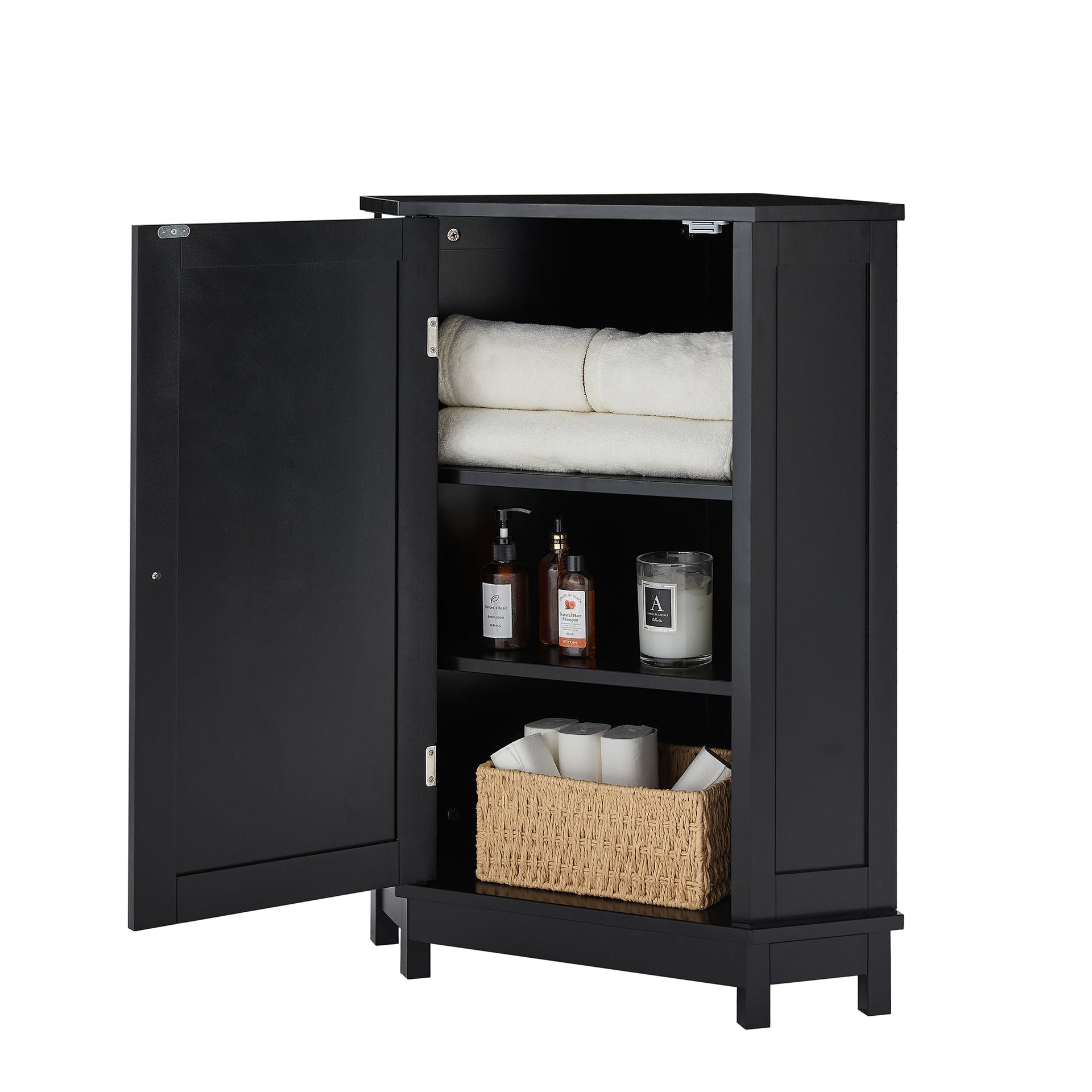 Black Bathroom Cabinet Triangle Corner Storage Cabinet with Adjustable Shelf Modern Style MDF Board