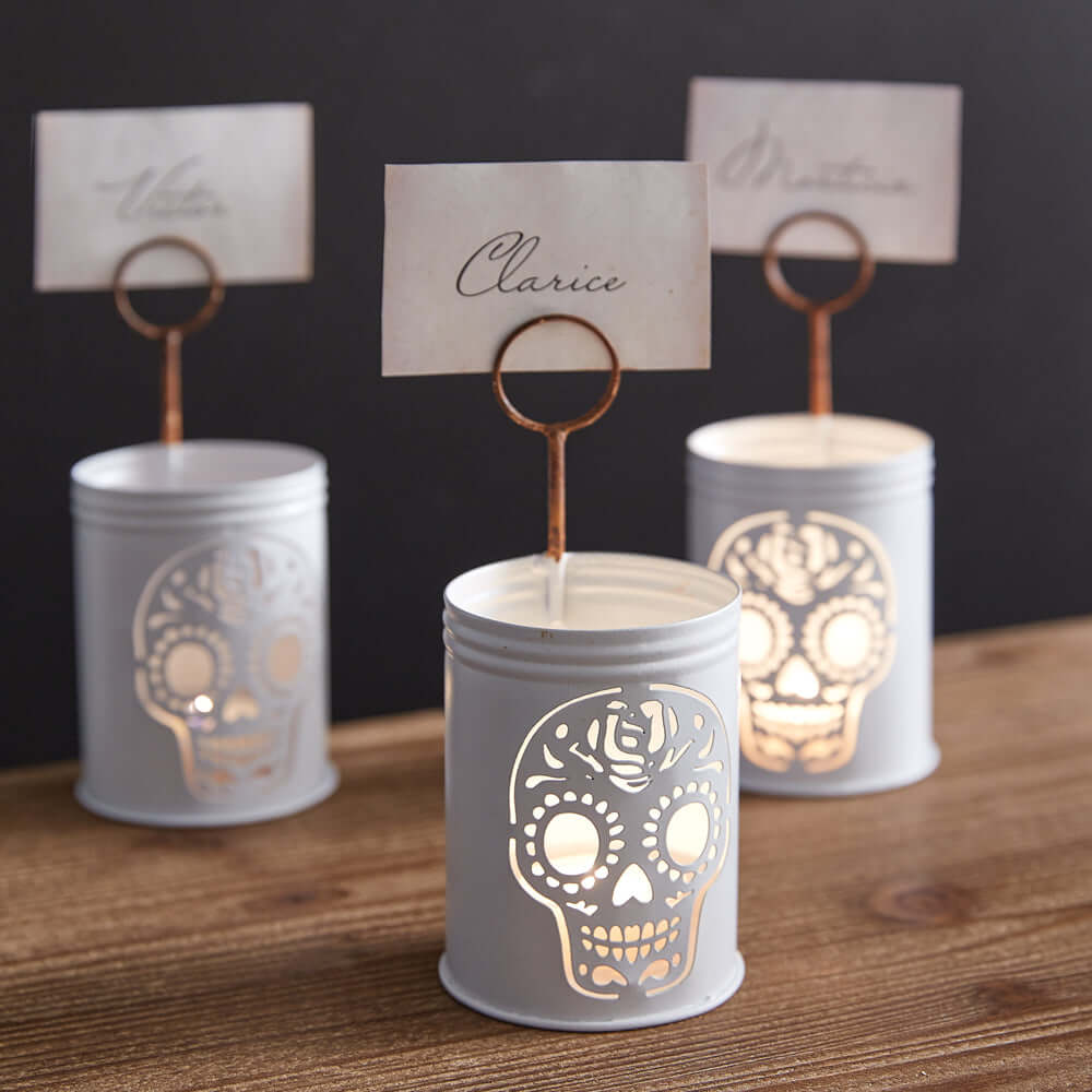 Vintage Sugar Skull Metal Place Card Holder