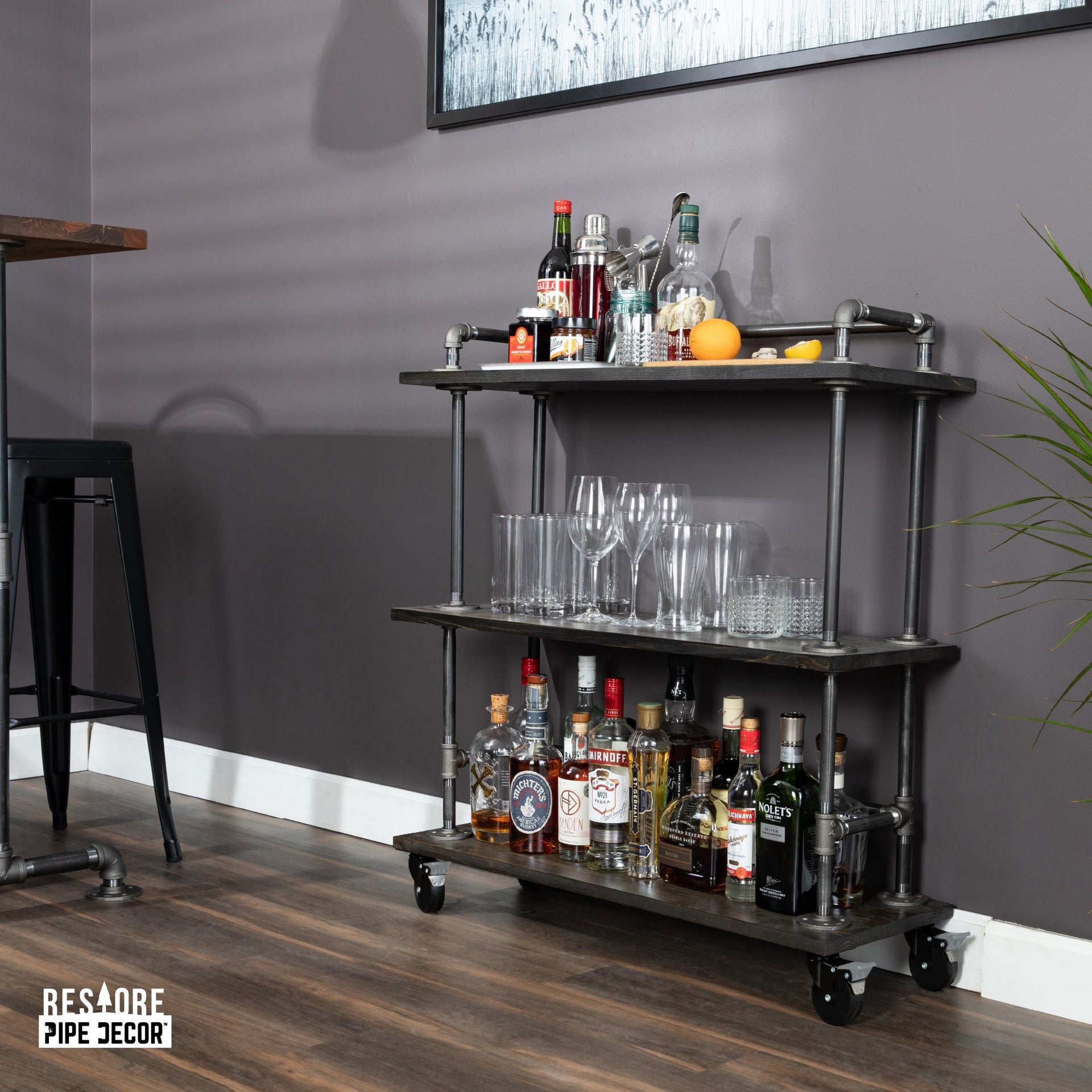 Three-tier Wood Shelf Industrial Bar Cart with Locking Wheels, Trail Brown