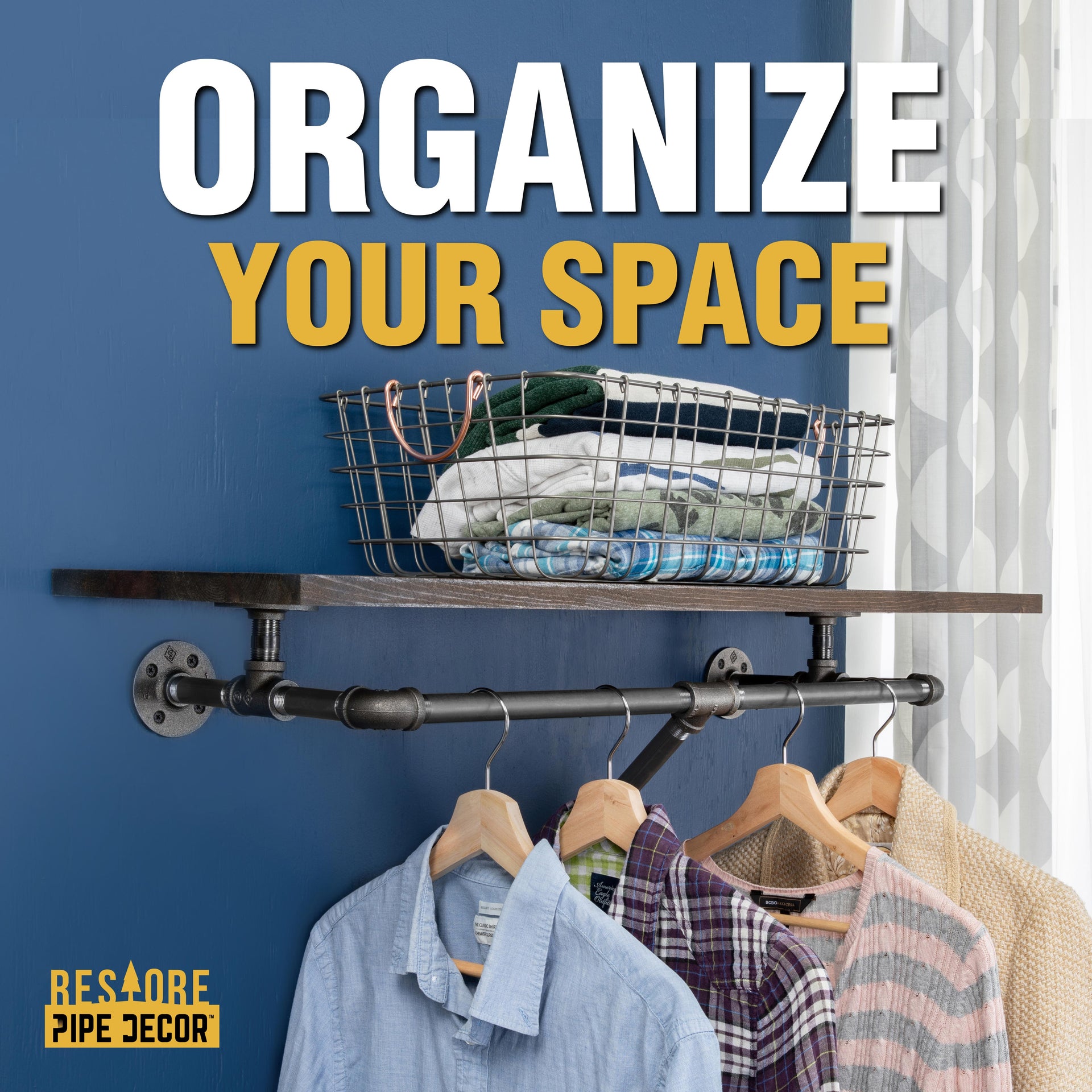 24 in. Wall Mounted Clothing Rack with Wood Shelf, Boulder Black