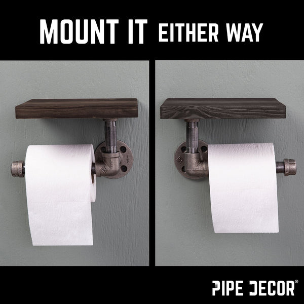 6 in. Wall-Mounted Pipe Toilet Paper Holder with Wood Shelf, Boulder Black