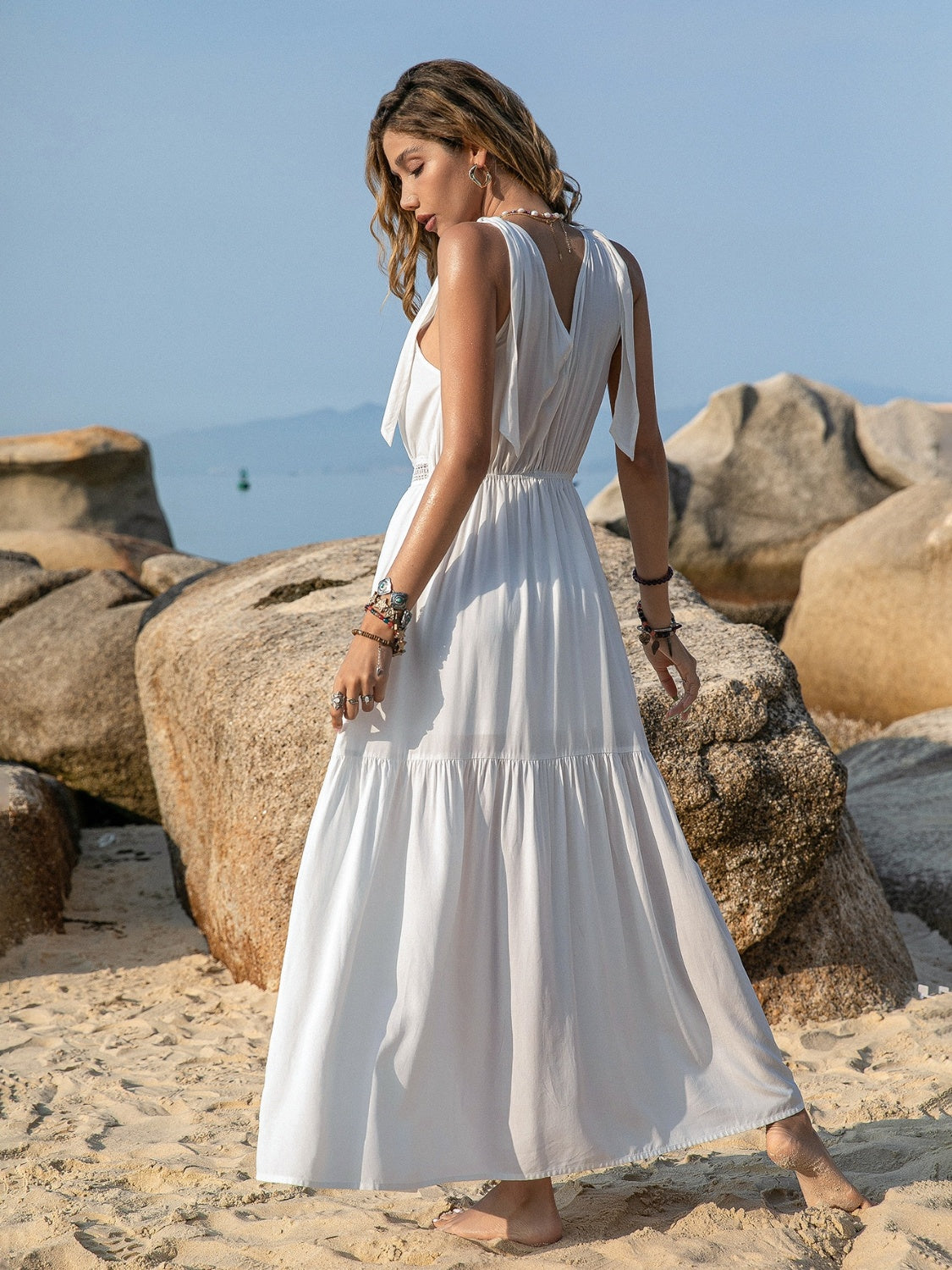 White V-Neck Tie Shoulder Maxi Dress Effortless & Flowy Summer Essential Long Girls Dress