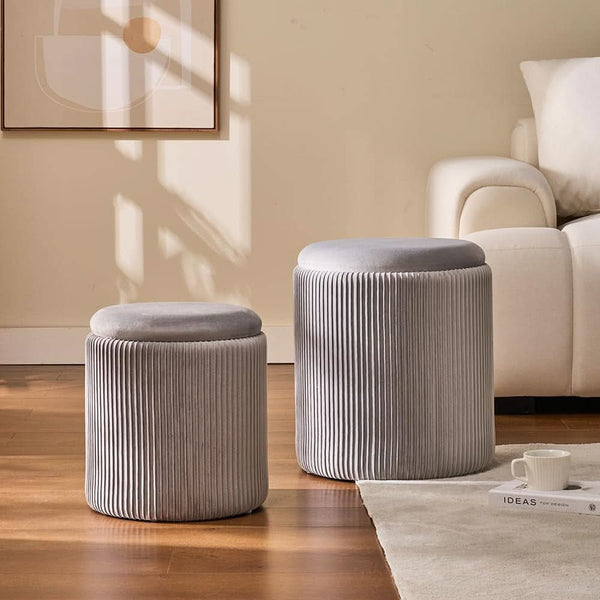 Round Velvet Storage Ottoman Collection Light Grey