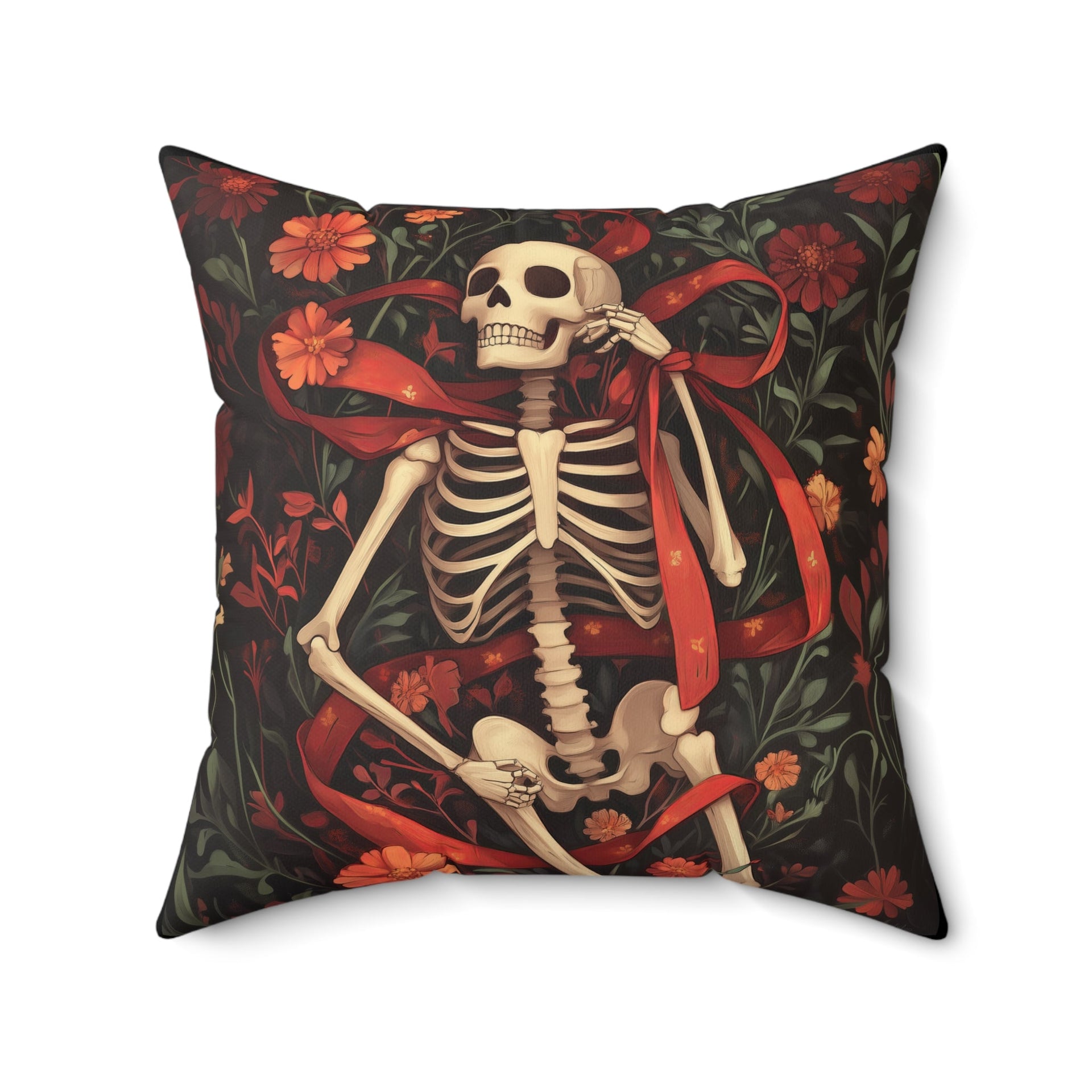Microsuede Cushion / Halloween Art / Skeleton - Red Ribbon, Orange Flowers