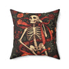 Microsuede Cushion / Halloween Art / Skeleton - Red Ribbon, Orange Flowers