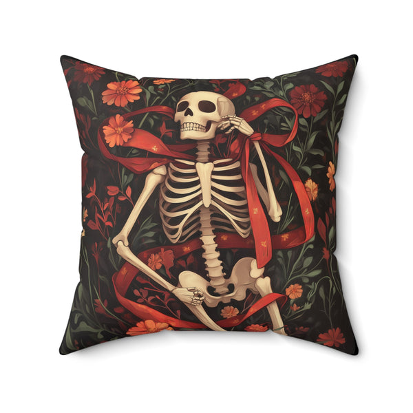 Microsuede Cushion / Halloween Art / Skeleton - Red Ribbon, Orange Flowers