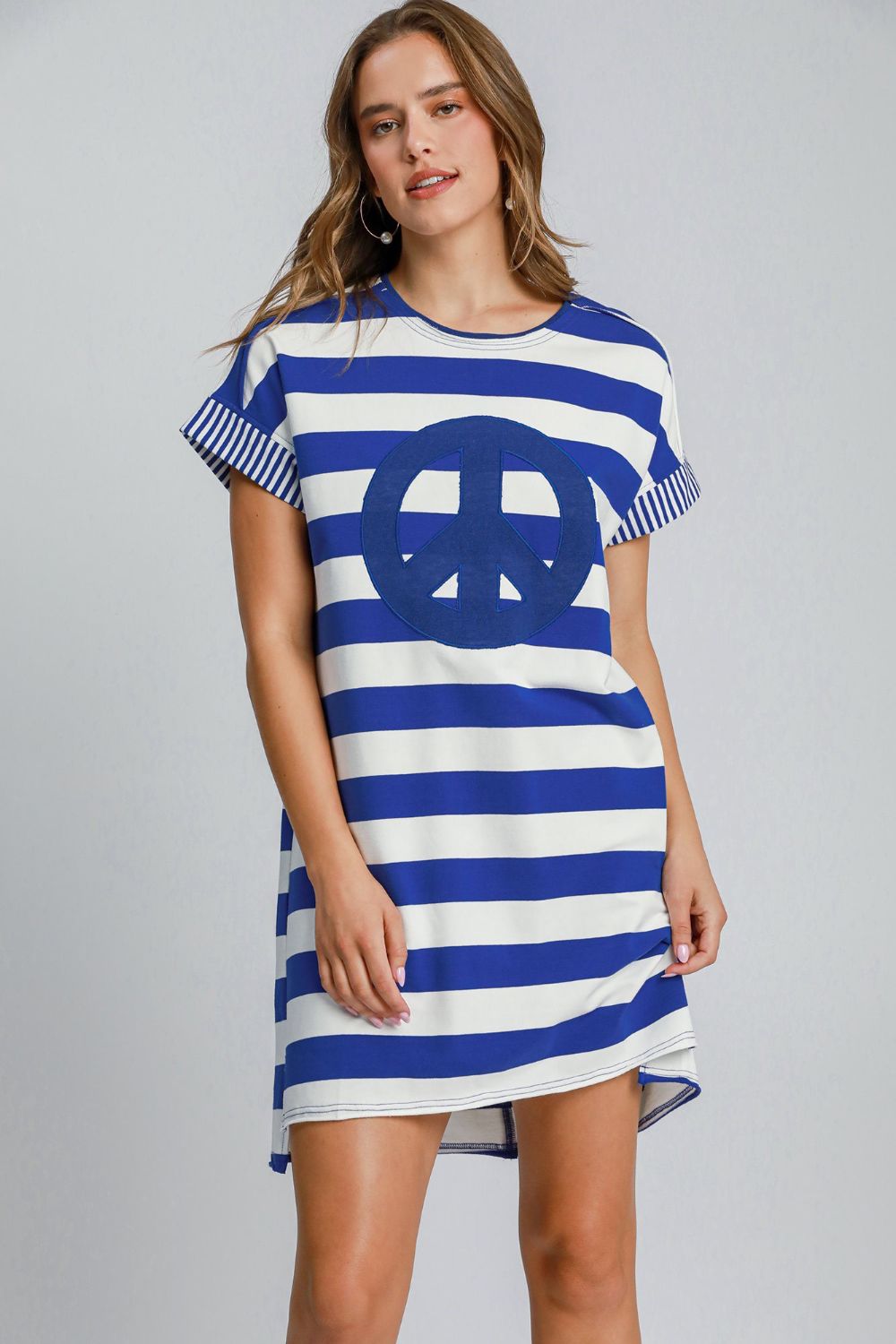 Peace Applique Striped Short Sleeve Mini Dress – Fun Peace Sign Detail, Striped Pattern, High-Low Design for a Trendy and Versatile Look