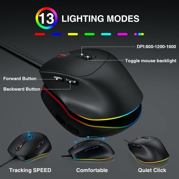 Wired Keyboard Mouse Combo – Large Print Backlit with Ergonomic Wrist Rest & 6-DPI RGB Mouse