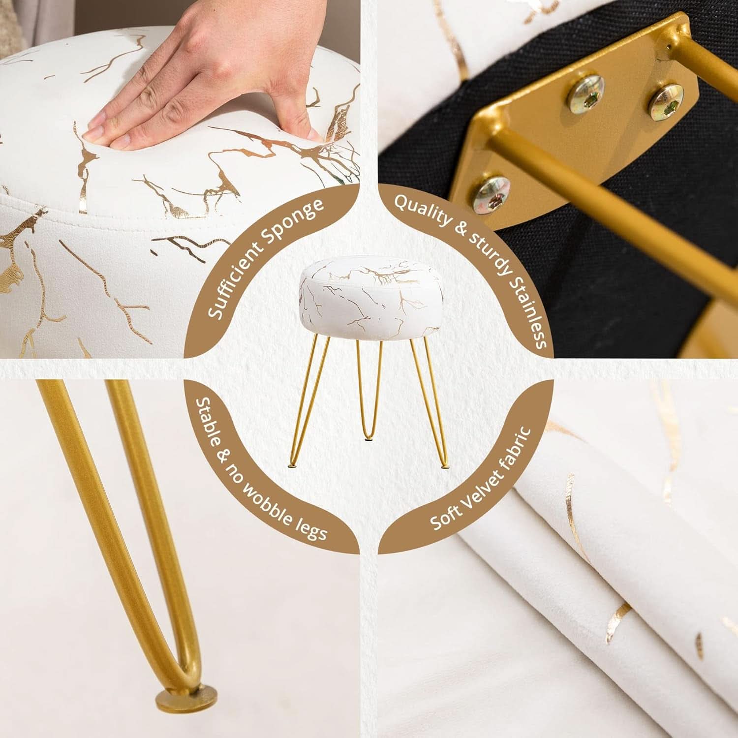 Gold Velvet Lux Vanity Stool 18Inch Round Plush Ottoman