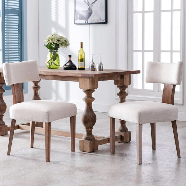 Beige Linen Fabric Upholstered Dining Chairs Curved Back