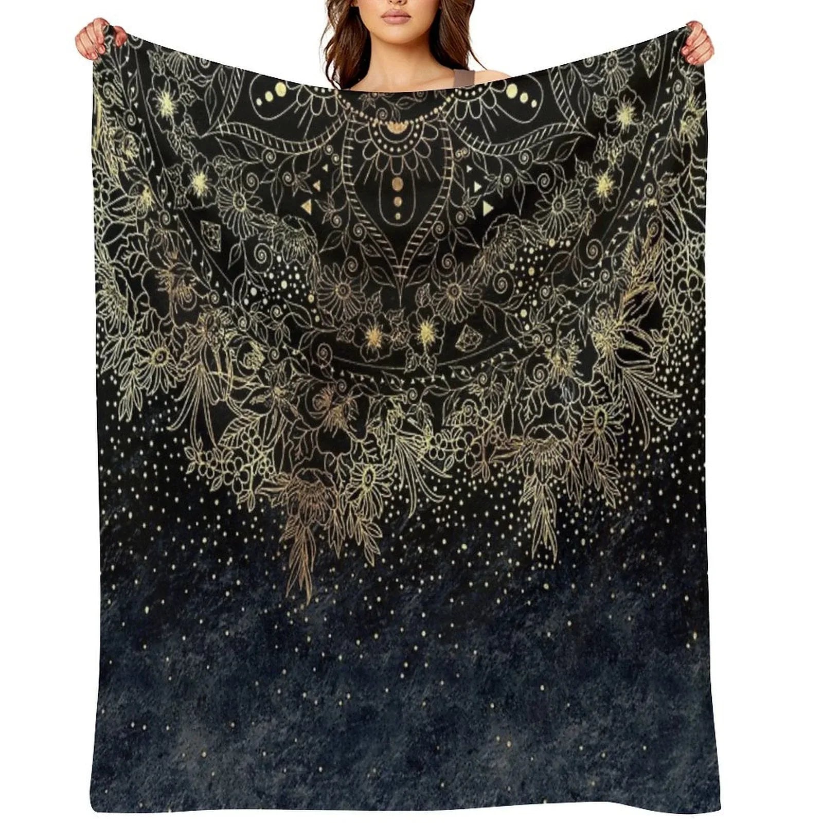Blue Gold Mandala Floral Throw Blanket