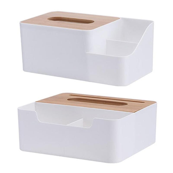 Multi-functional Plastic Tissue Box with Bamboo Wooden Cover Phone Slot Home Kitchen Napkin Case Holder Storage Decoration