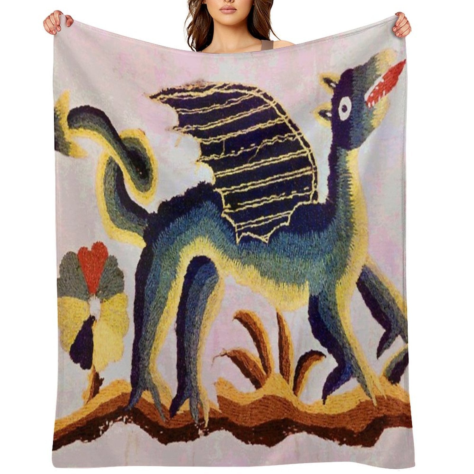 Crewel Dragon Vintage Floral Vector Pattern Durable Throw Blanket