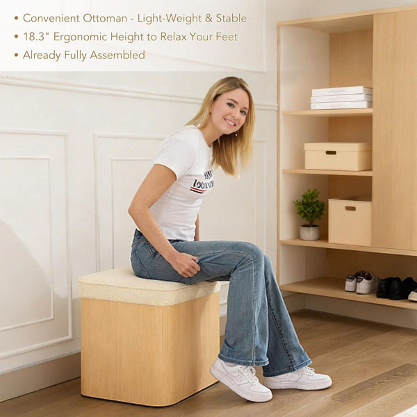 Beige Linen Upholstered Storage Ottoman With Footrest