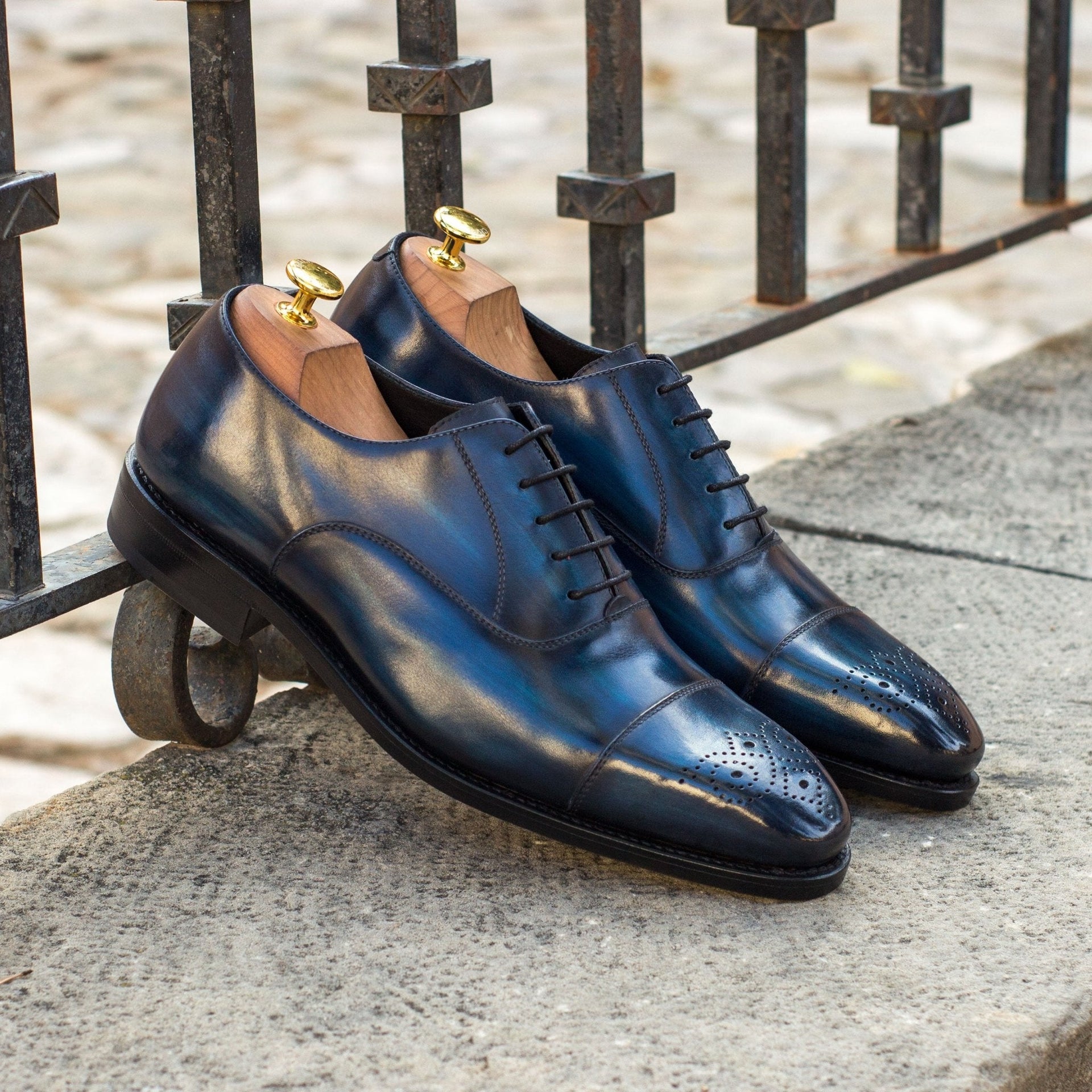 Brianza O - Men's Navy blue patina leather oxford dress shoes