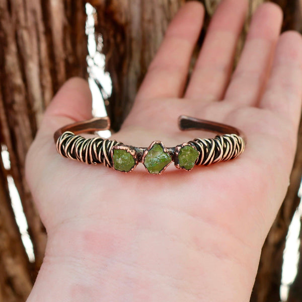 Raw Peridot Copper Cuff - August Stone | Handmade by Blackbird & Sage