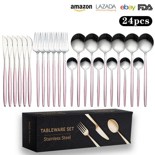 Cutlery Set Stainless Steel Knife Fork Set 24-Piece Tableware Set Golden Steak Knife Fork Spoon 6-Person Set