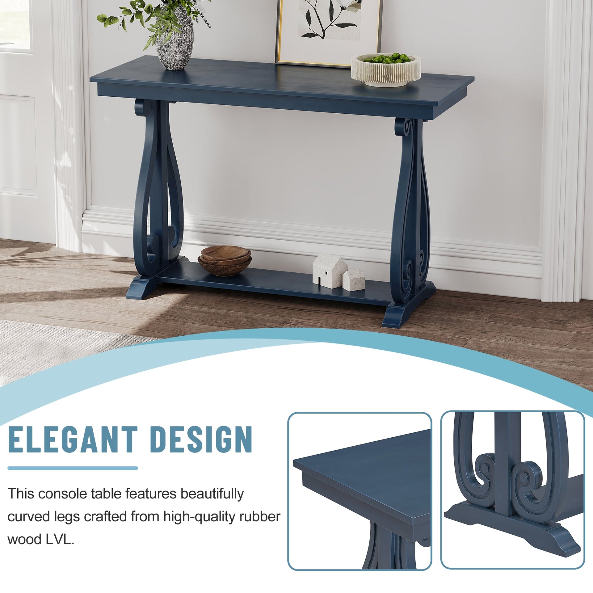48-Inch Rustic Vintage Console Table --- Farmhouse Style Entryway Table with Open Shelf and Sturdy Construction (Navy)