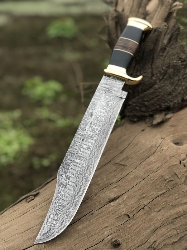 Authentic Crocodile Dundee Knife – 16” Handmade Damascus Steel Blade with Buffalo Horn or Leather Handle & Brass Guard + Leather Sheath