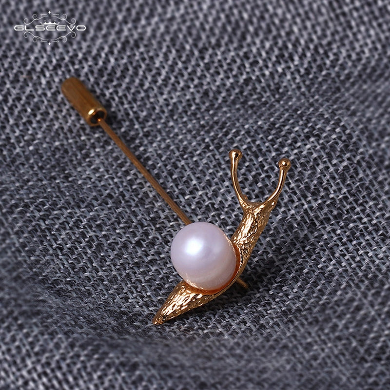GLSEEVO Snail Pearl Brooch Gift For Daughter Woman Cute Inset Brooches Bijoux Argent 925 Massif Handmade Jewellery Broche