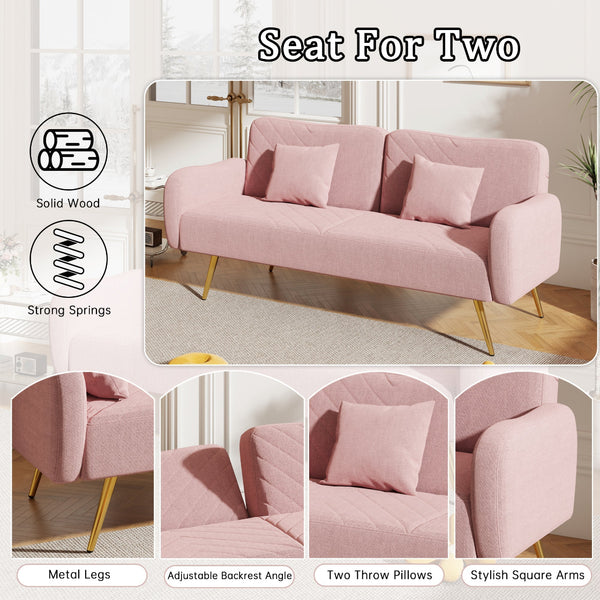Pink sofa with features highlighted on a light background
