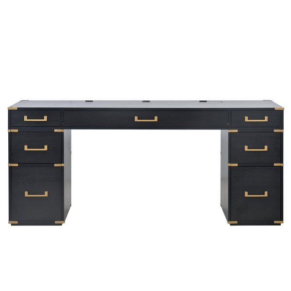 70 inch classic and traditional executive desk with metal trim, writing desk with 2 file drawers, USB ports, and sockets, black
