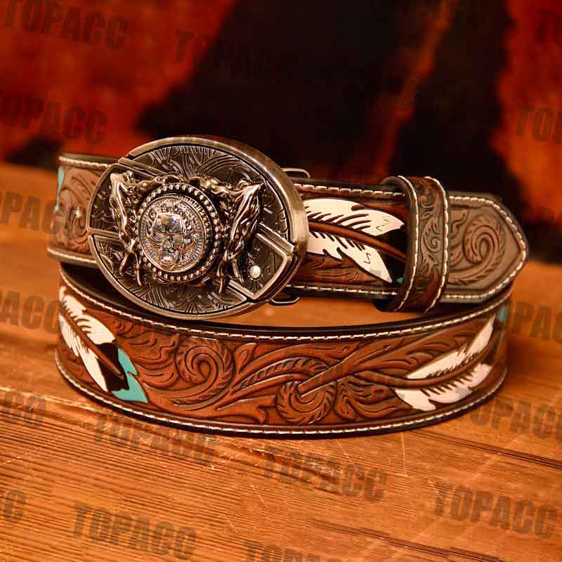 Waist 42-46 inch Western Leather Feather Belt - Block Buckle