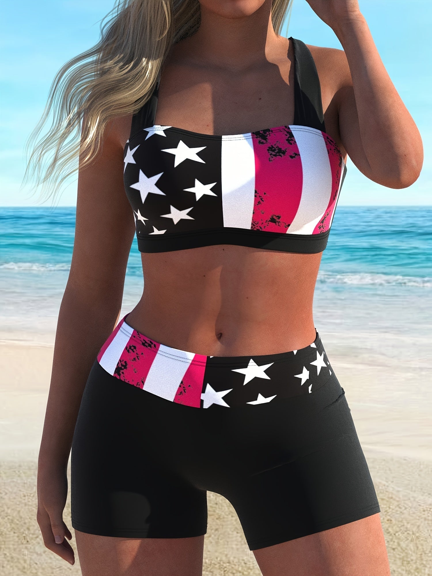 Bikini American Flag Print 2 Piece Criss Cross Halter Swimsuit for Women – High Stretch Patriotic Bikini Set with Ring Knot Back and Boxer Shorts Bottoms – Comfortable Summer Swimwear for Beach Pool and 4th of July Celebrations