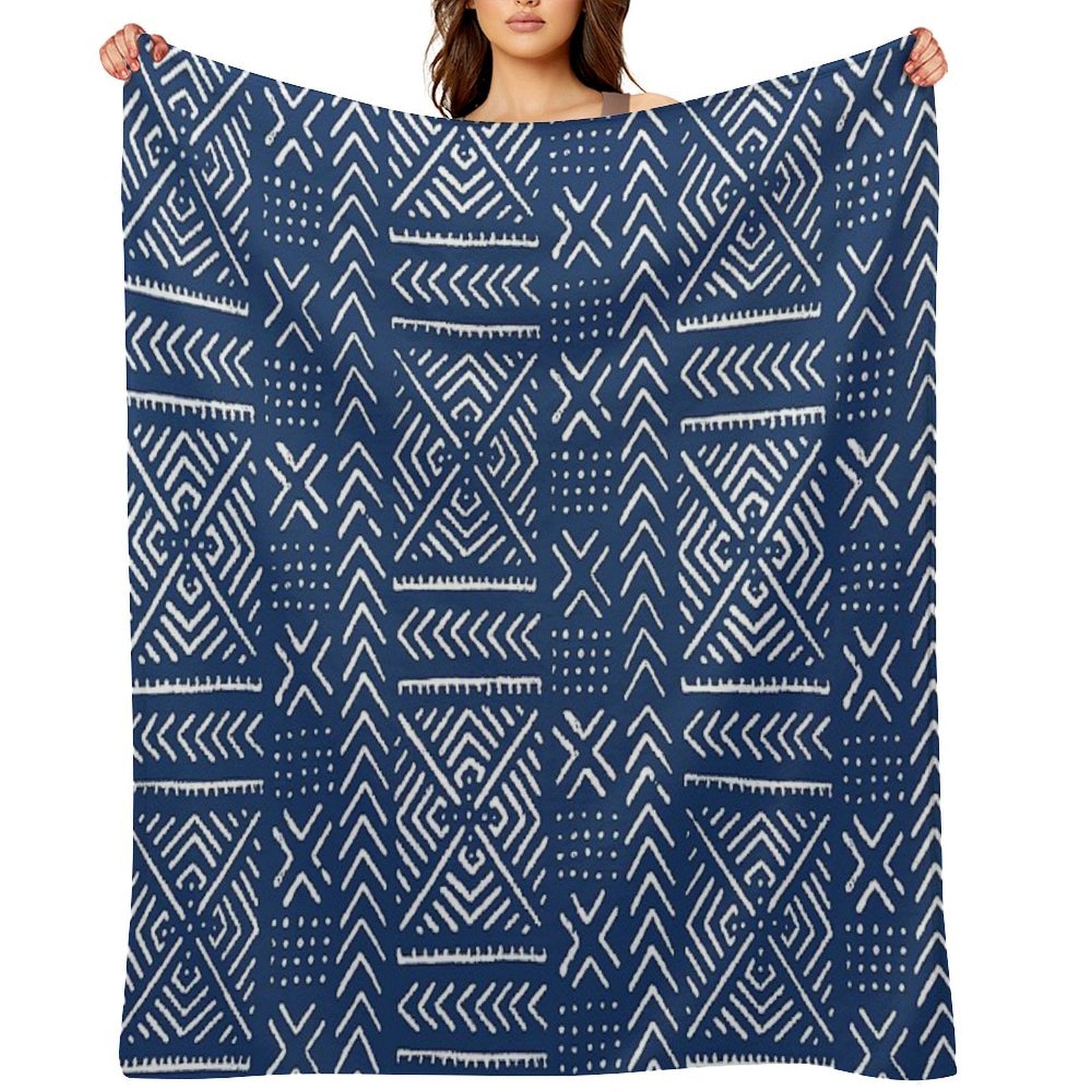 Line Mud Cloth  Dark Blue Machine-washable Throw Blanket