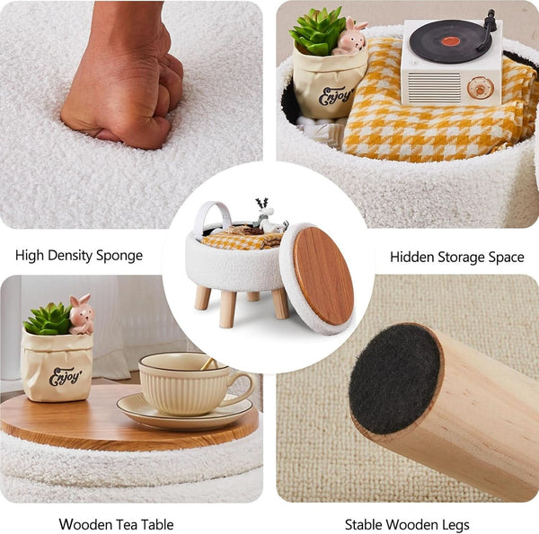 Cream Velvet Round Storage Ottoman With Solid Wood Legs