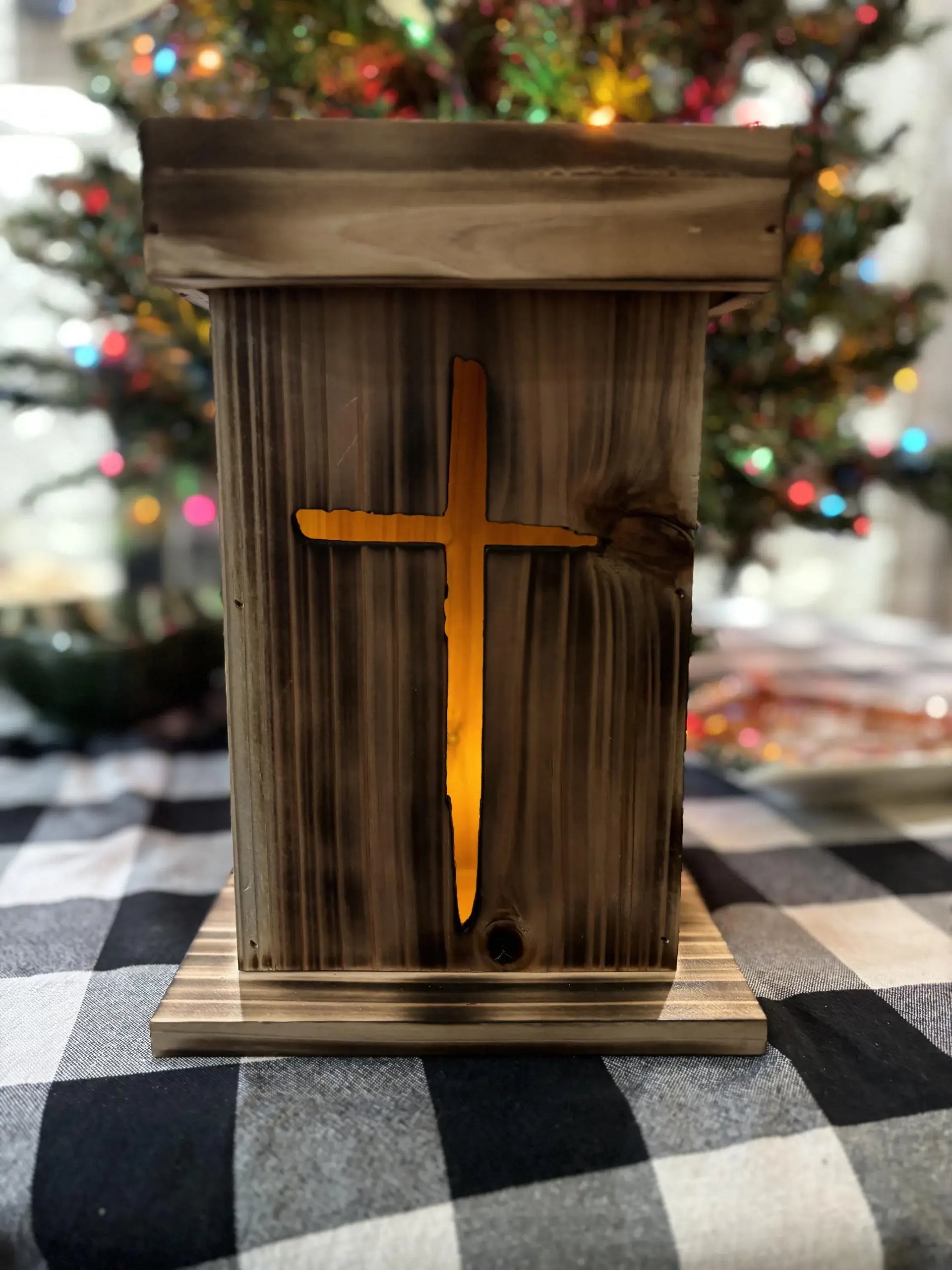 Rugged Cross Lantern - Handcrafted Cedar Wood Lantern with Burnt Finish & LED Light
