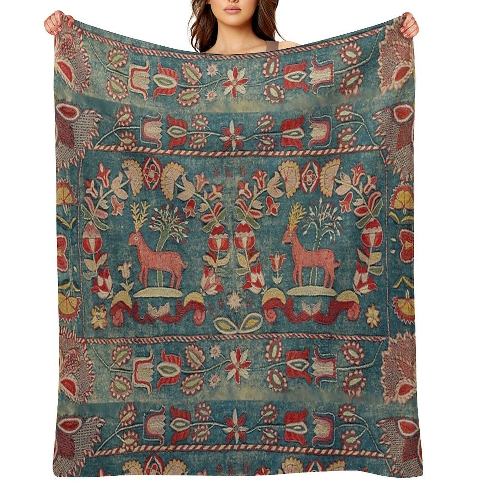ANTIQUE  RED BLUE SWEDISH TAPESTRY WITH DEERS AND FLOWERS Throw Blanket