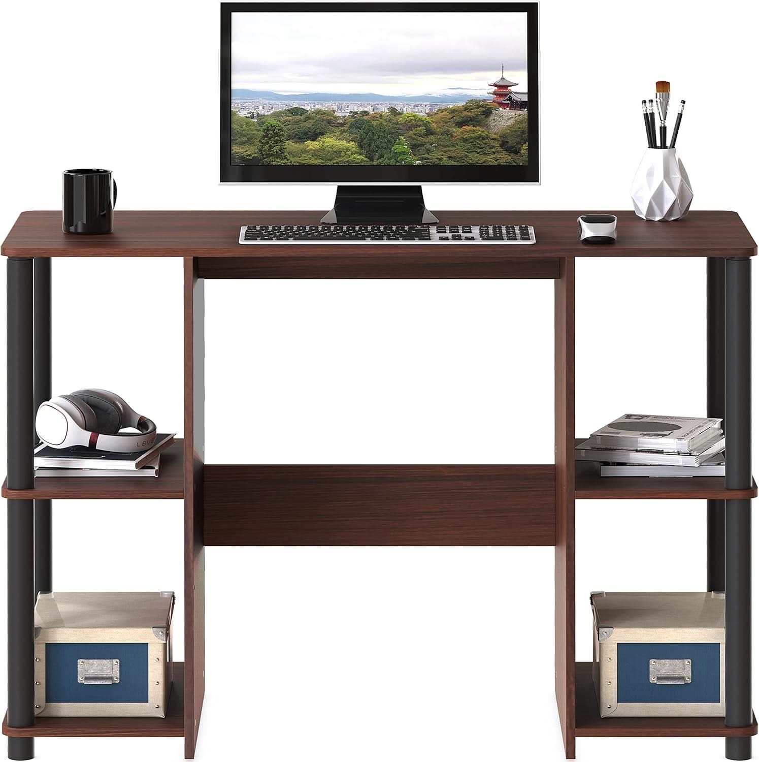 38 Inch Home Office Desk With Double Sided Shelves Cherry