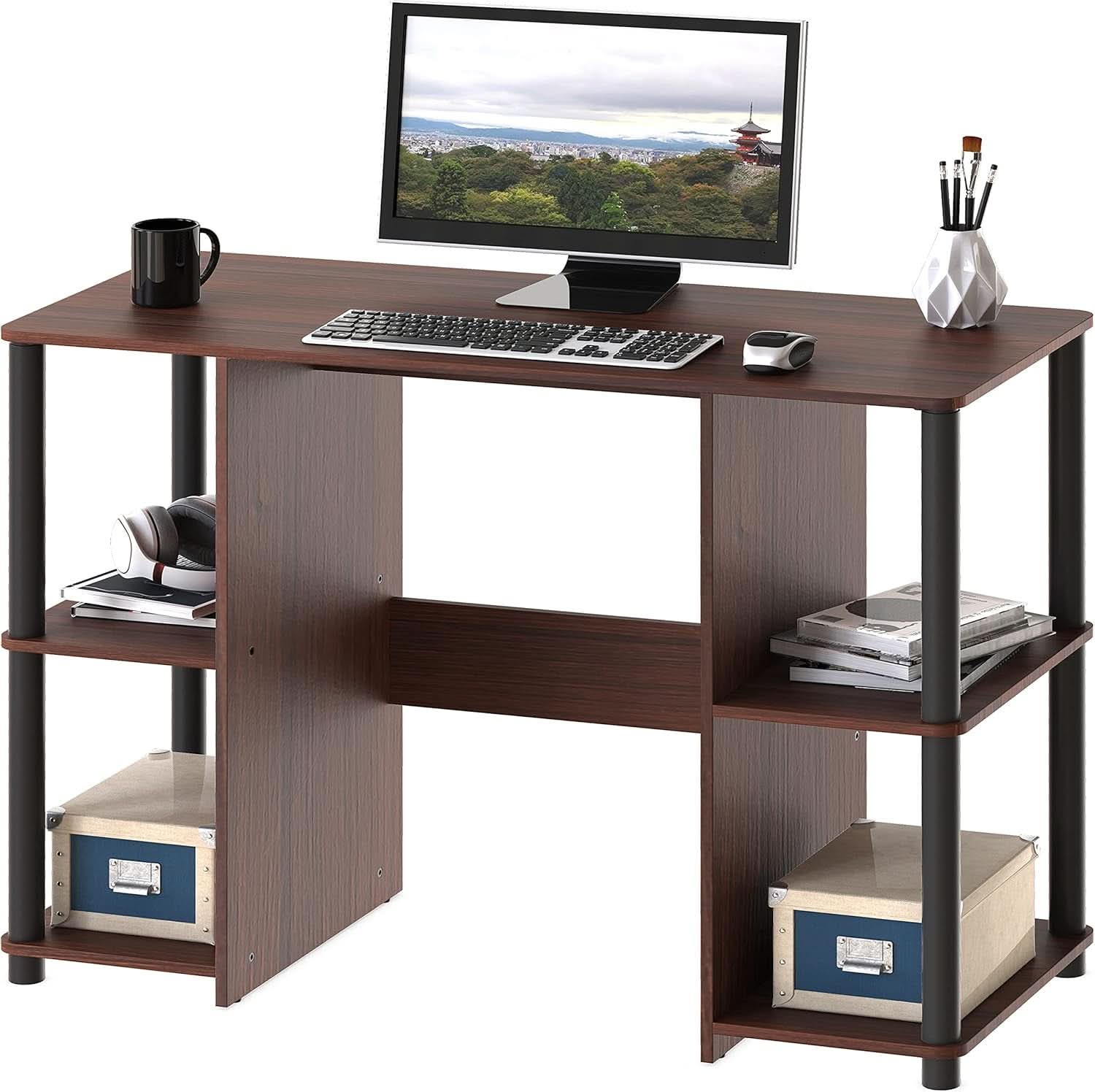 38 Inch Home Office Desk With Double Sided Shelves Cherry