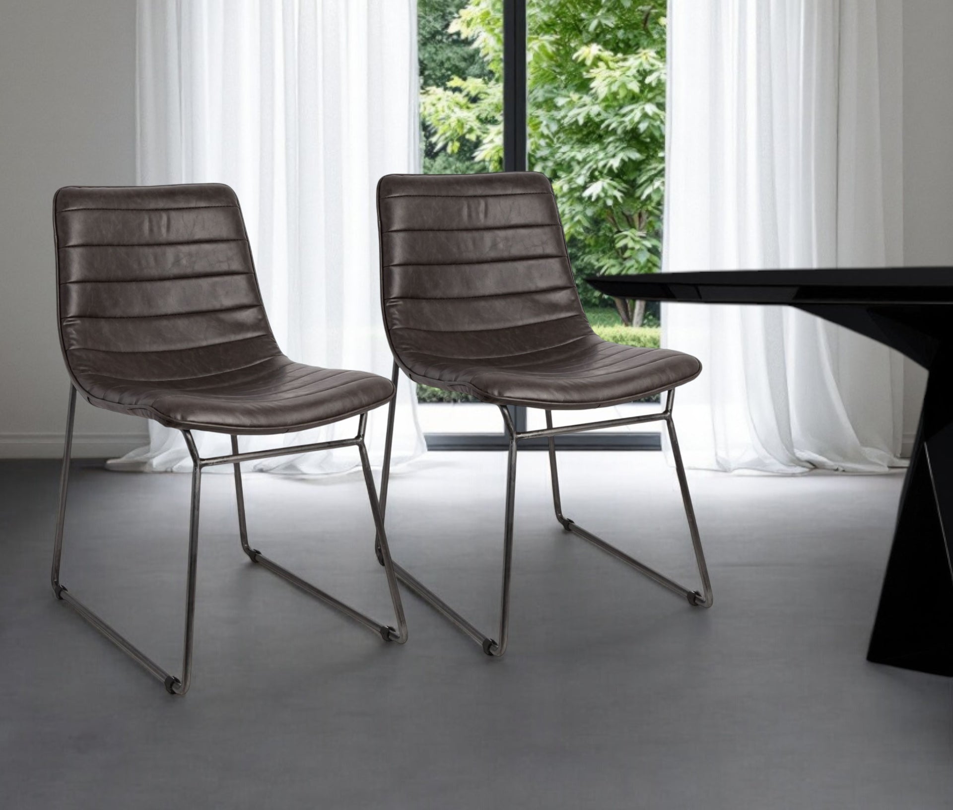 Set Of Two Black Upholstered Faux leather Side Chairs