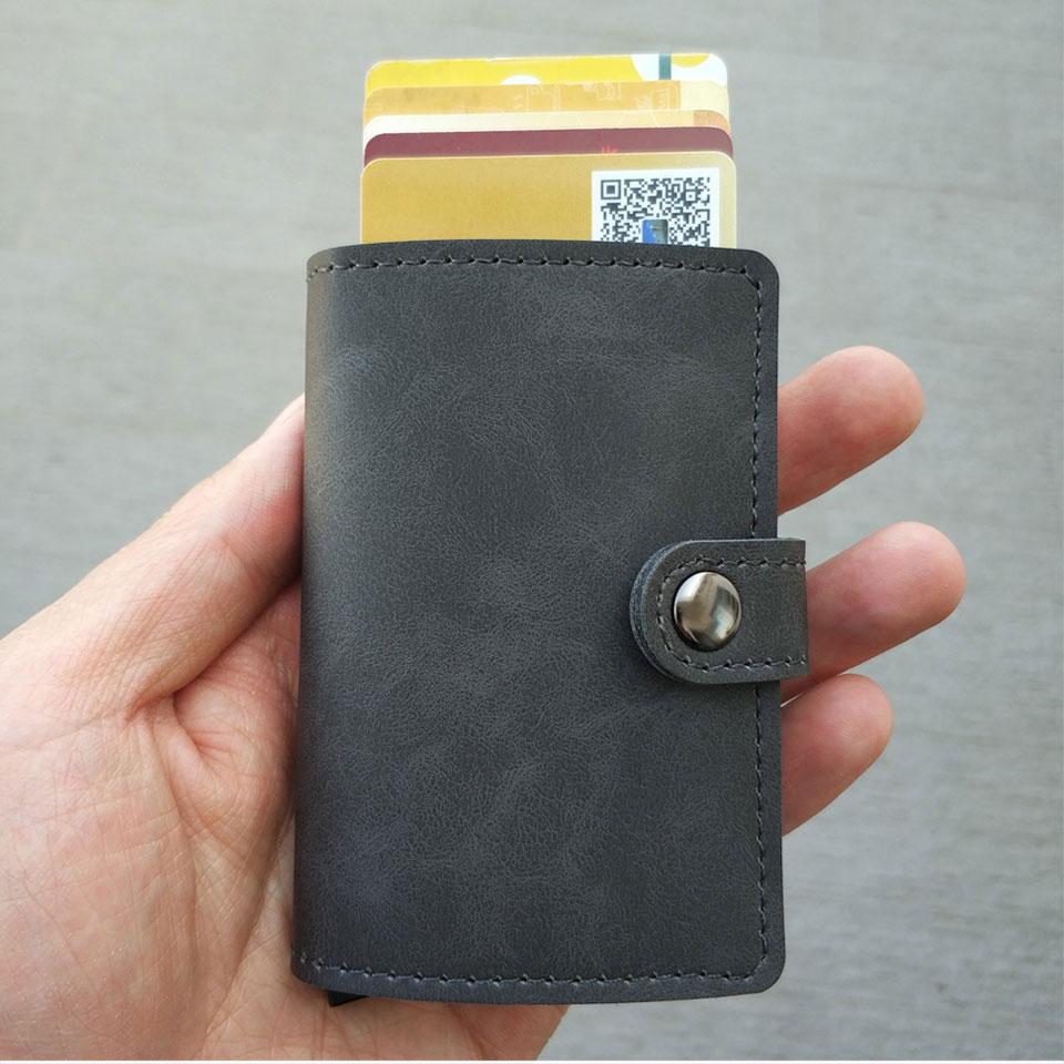 RFID Protected Vintage Automatic Leather Credit Card Holder Men Aluminum Alloy Hasp Business ID Multifunction Cardholder Wallet