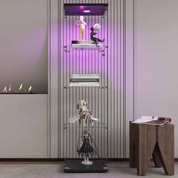 4 LED light glass display cabinets with door shelves, floor standing antique bookshelf, 64.7 