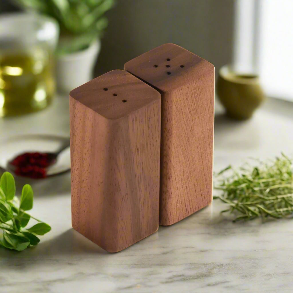 Salt & Pepper Shakers on an Acacia Wood Base