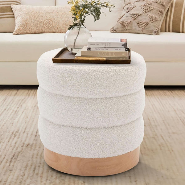 Cream Tufted Sherpa Ottoman Footstool Round Cushion