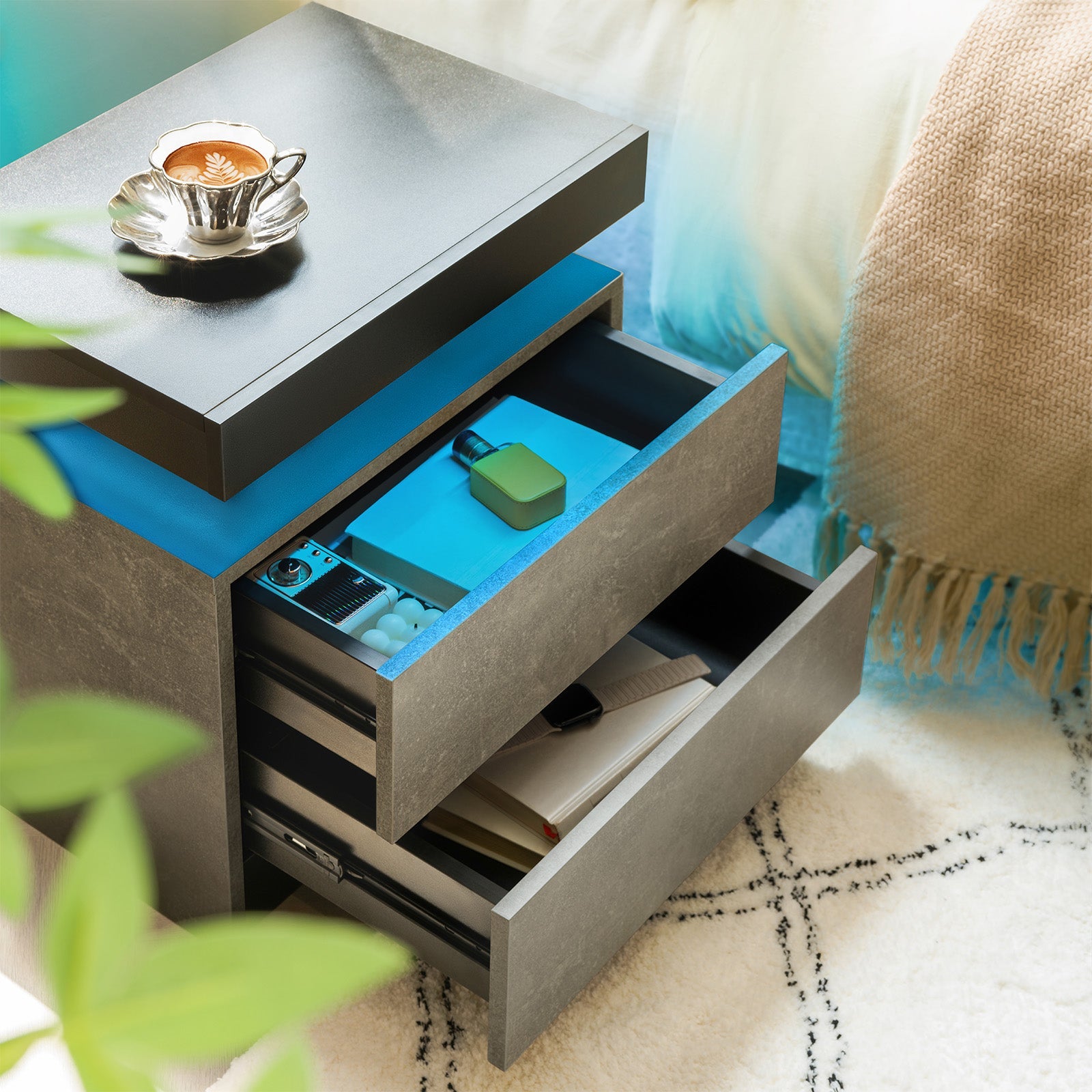 Modern LED Nightstand Bedside Table with 2 Drawers