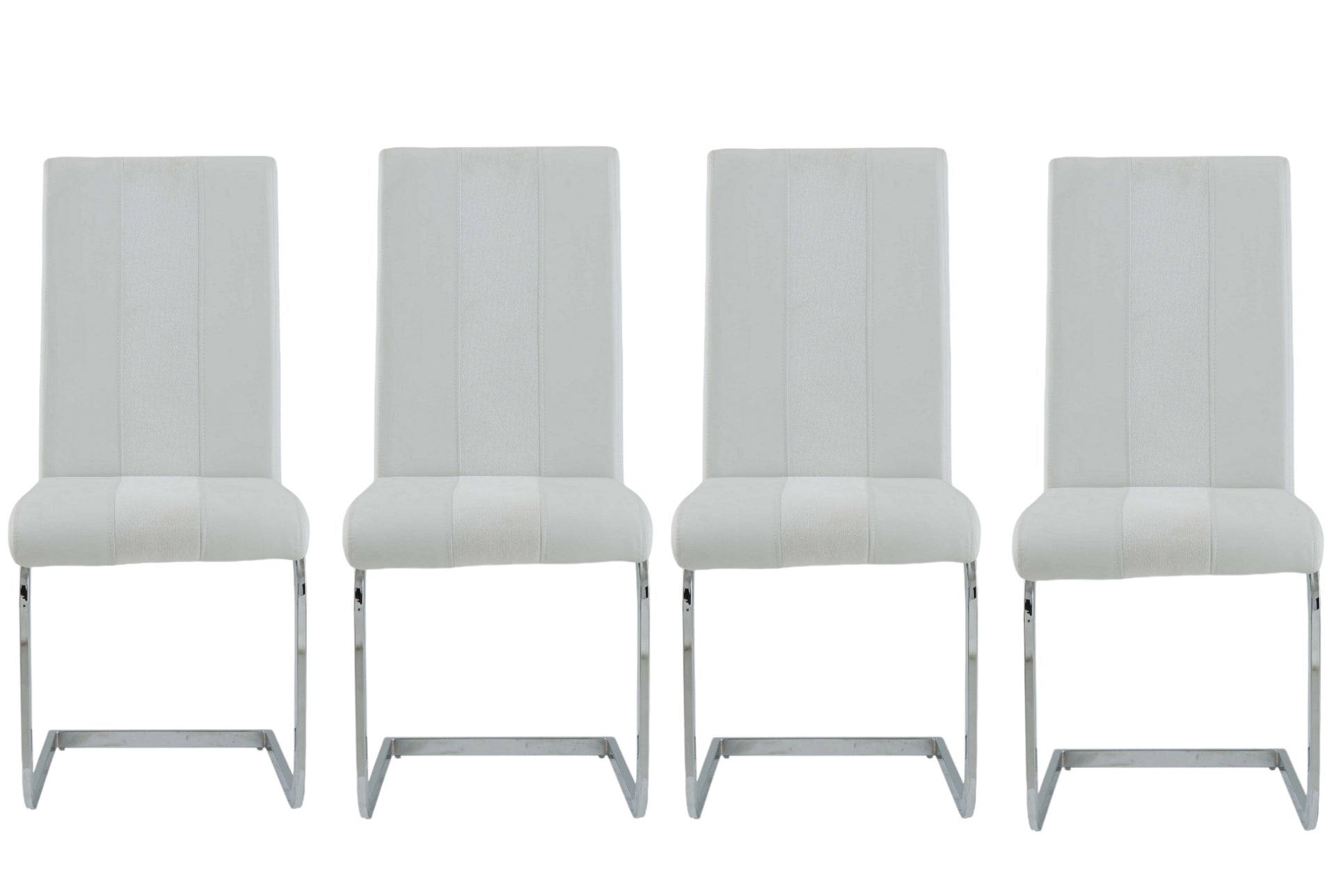 Set of Four White and Silver Upholstered Faux Leather Dining Side Chairs