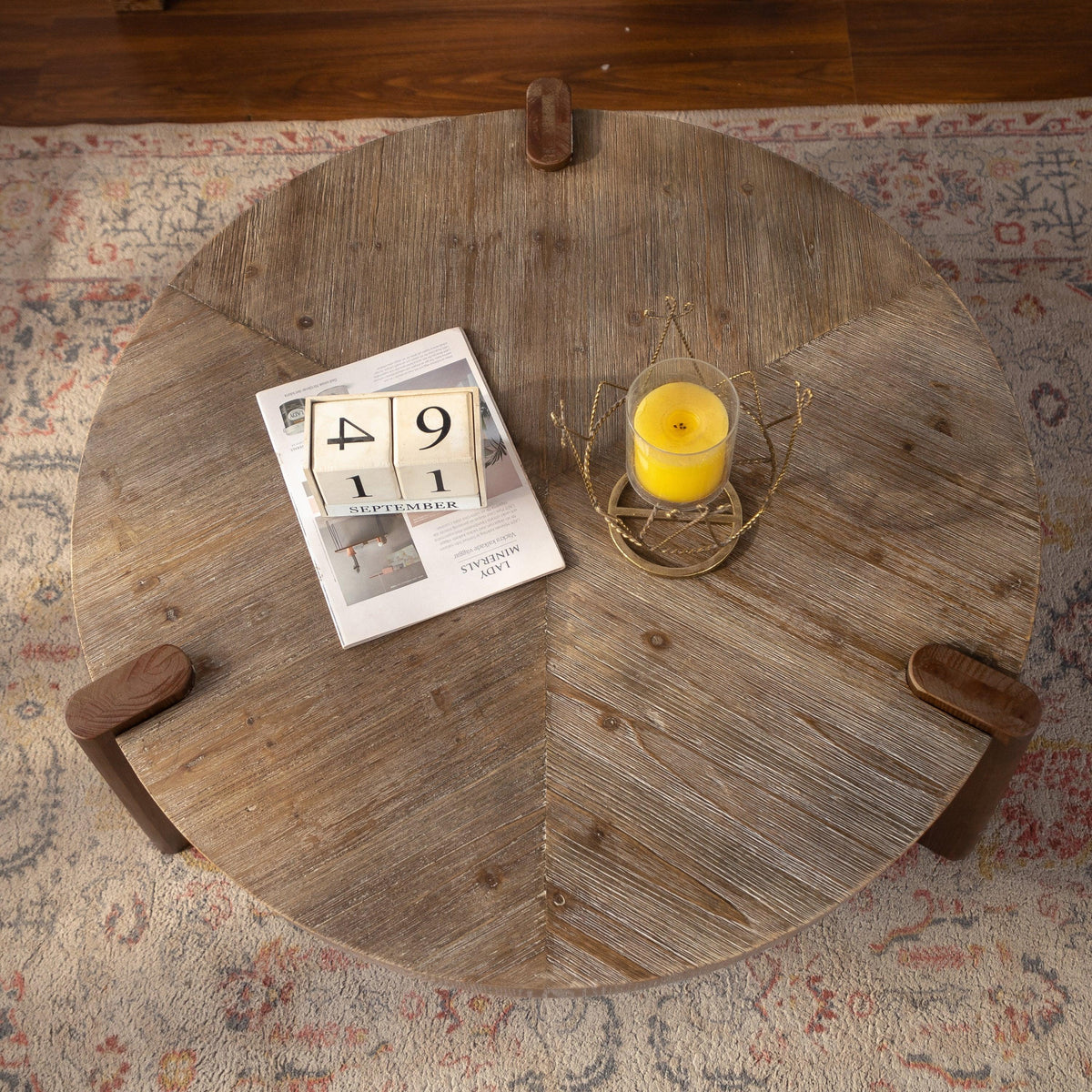 Rustic Round Wood Coffee Table with Herringbone Top