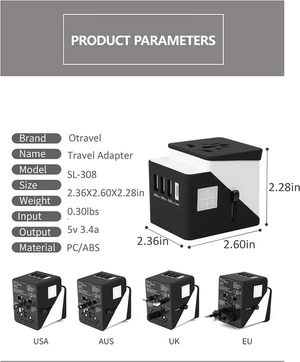 2019 , 3 USB + 1 Typc C International Power Adapter for Europe, UK, China, Australia, Japan and More 200 Countries Black Green