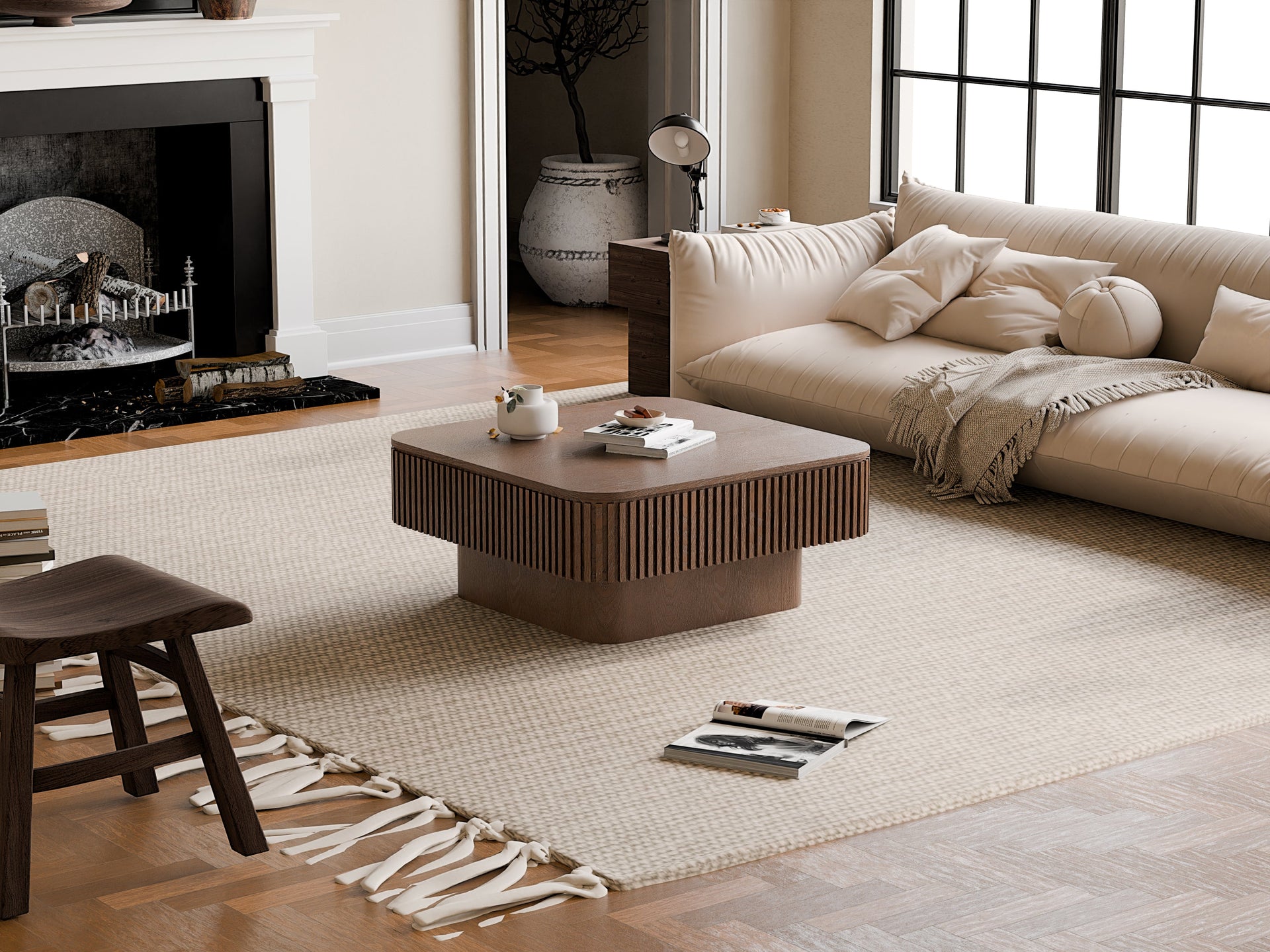 Walnut Square Modern Coffee Table with Hidden Storage