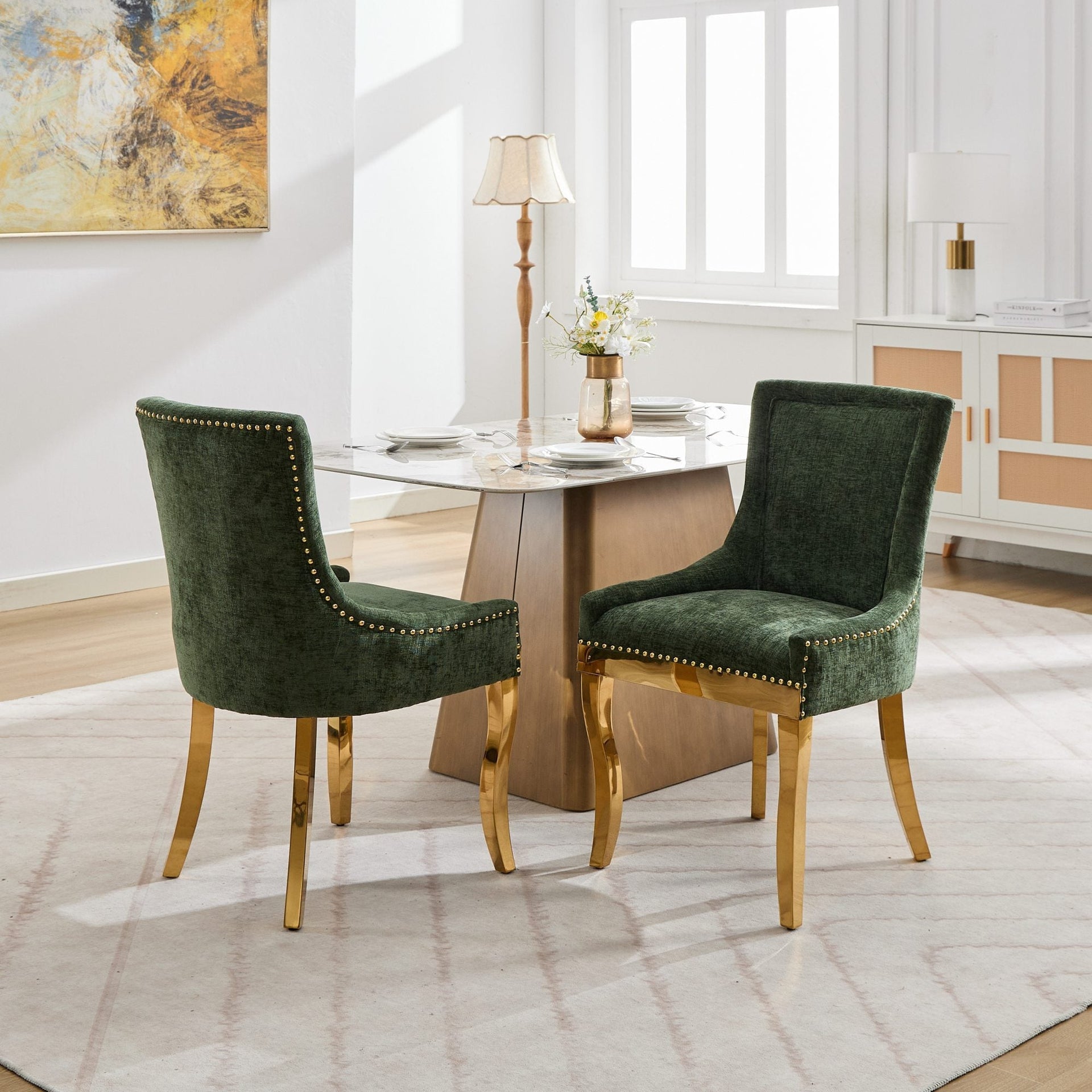 Chenille Dining Chairs Modern Style with Curved Gold-Plated Legs & Rivet Trim