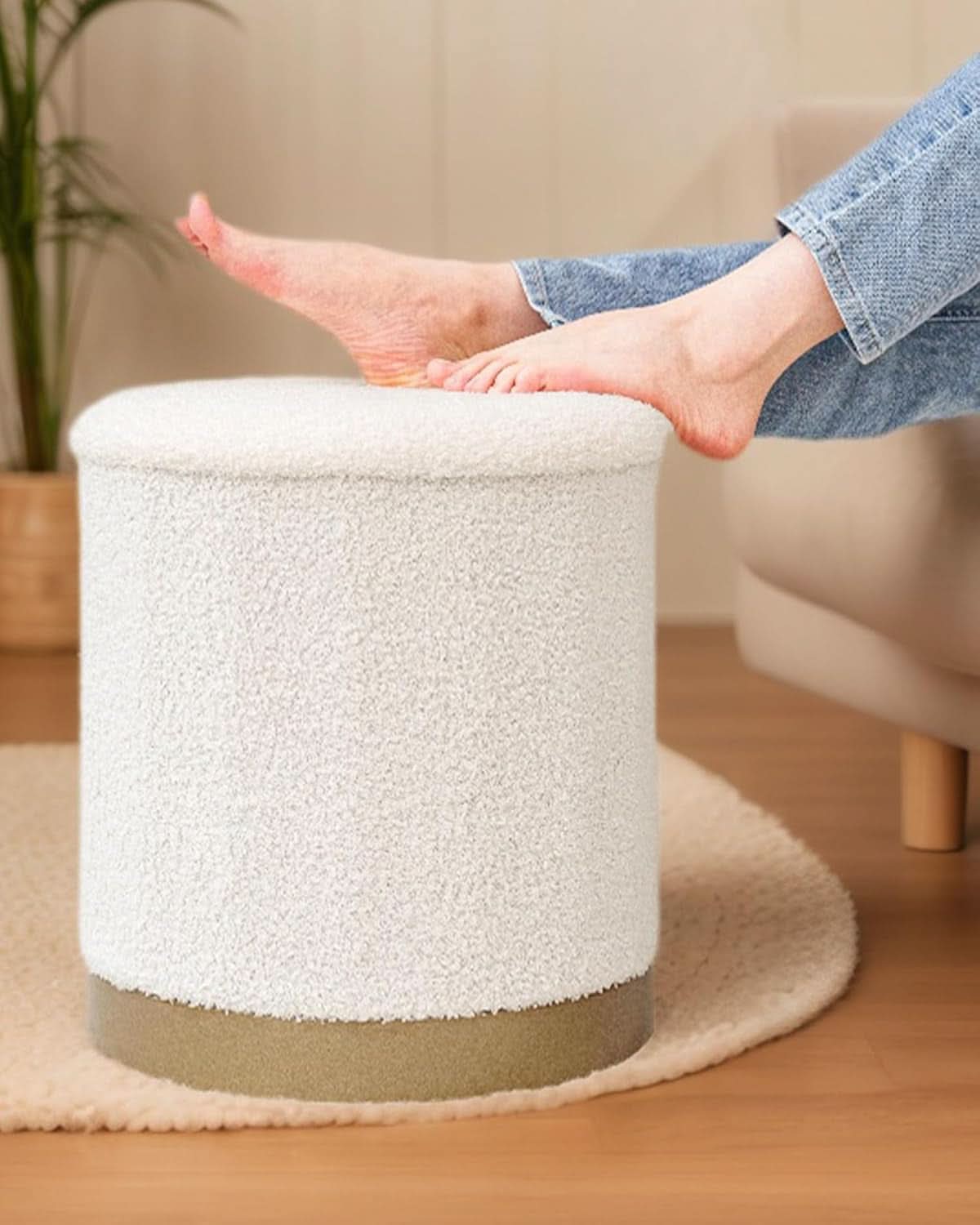 Round White Storage Space Ottoman Gold Plated Base Frame