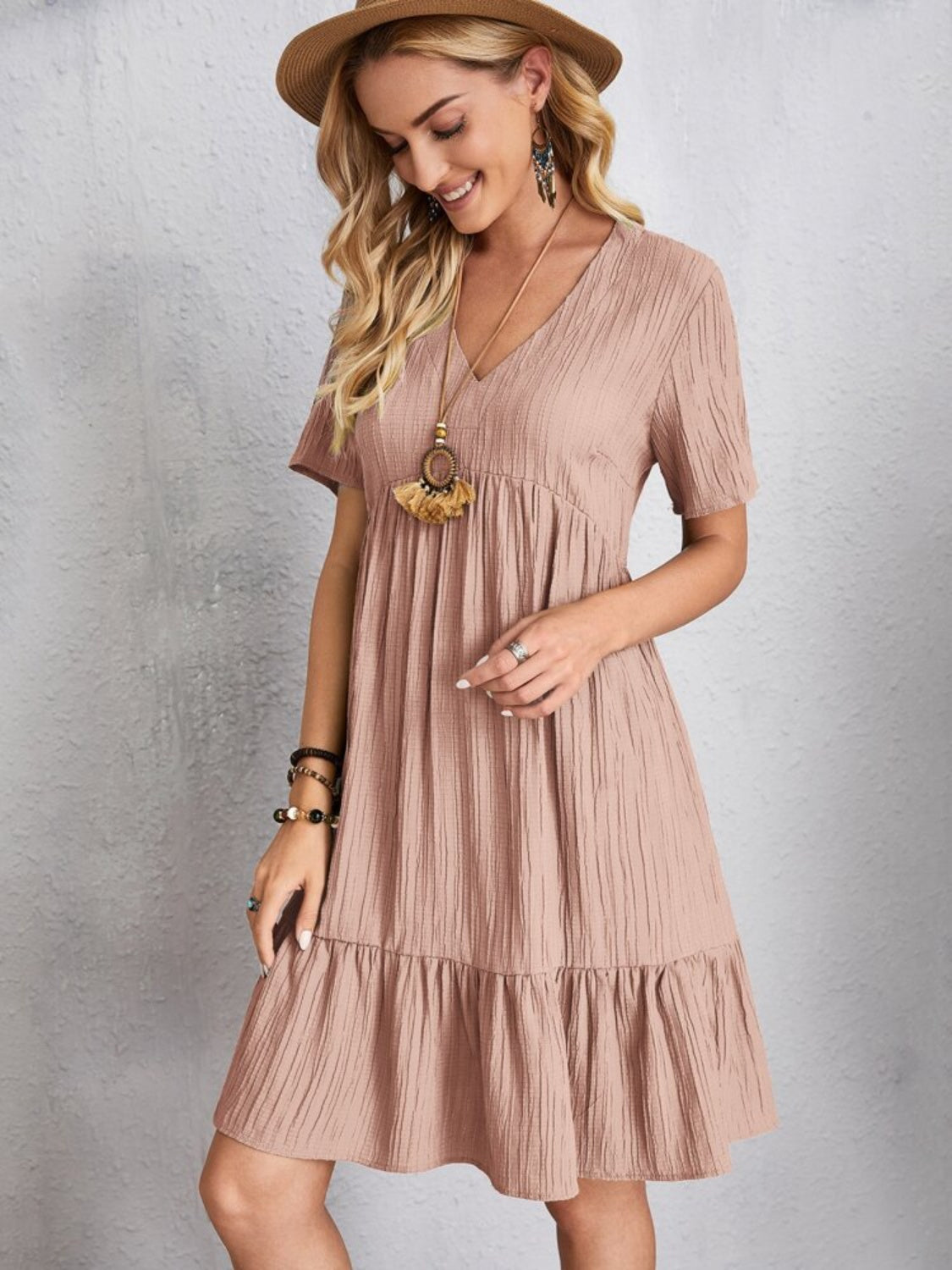 Classic Full Size V-Neck Short Sleeve Dress Casual & Comfortable Dress for Women